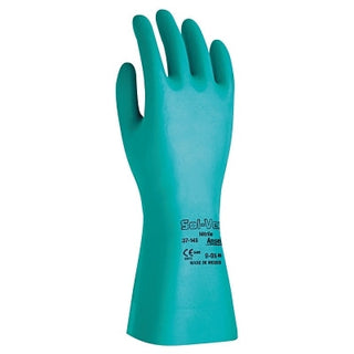 37-145 Nitrile Gloves, Gauntlet Cuff, Unlined, Size 9, Green, 11 mil