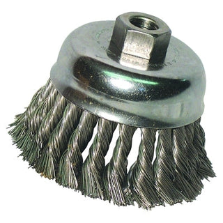 Knot Wire Cup Brush, 3 in Dia, 5/8-11 Arbor, .014 in Stainless Steel