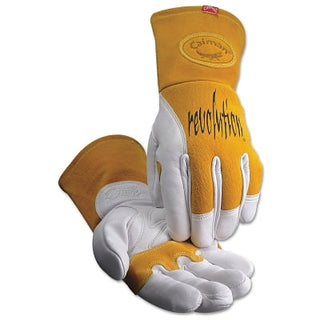 1810 revolution® Cow Grain Unlined Palm 2-Layer Insulated Back MIG/Stick Welding Gloves, Large, Gold/White, Gauntlet Cuff