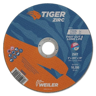 Tiger® Zirc Cutting Wheel, 6 in dia, 0.045 in Thick, 7/8 in Arbor, Zirconia Alumina, Type 1, Z60T