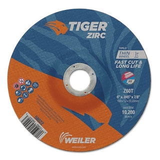 Tiger® Zirc Cutting Wheel, 6 in dia, 0.045 in Thick, 7/8 in Arbor, Zirconia Alumina, Type 27, Z60T